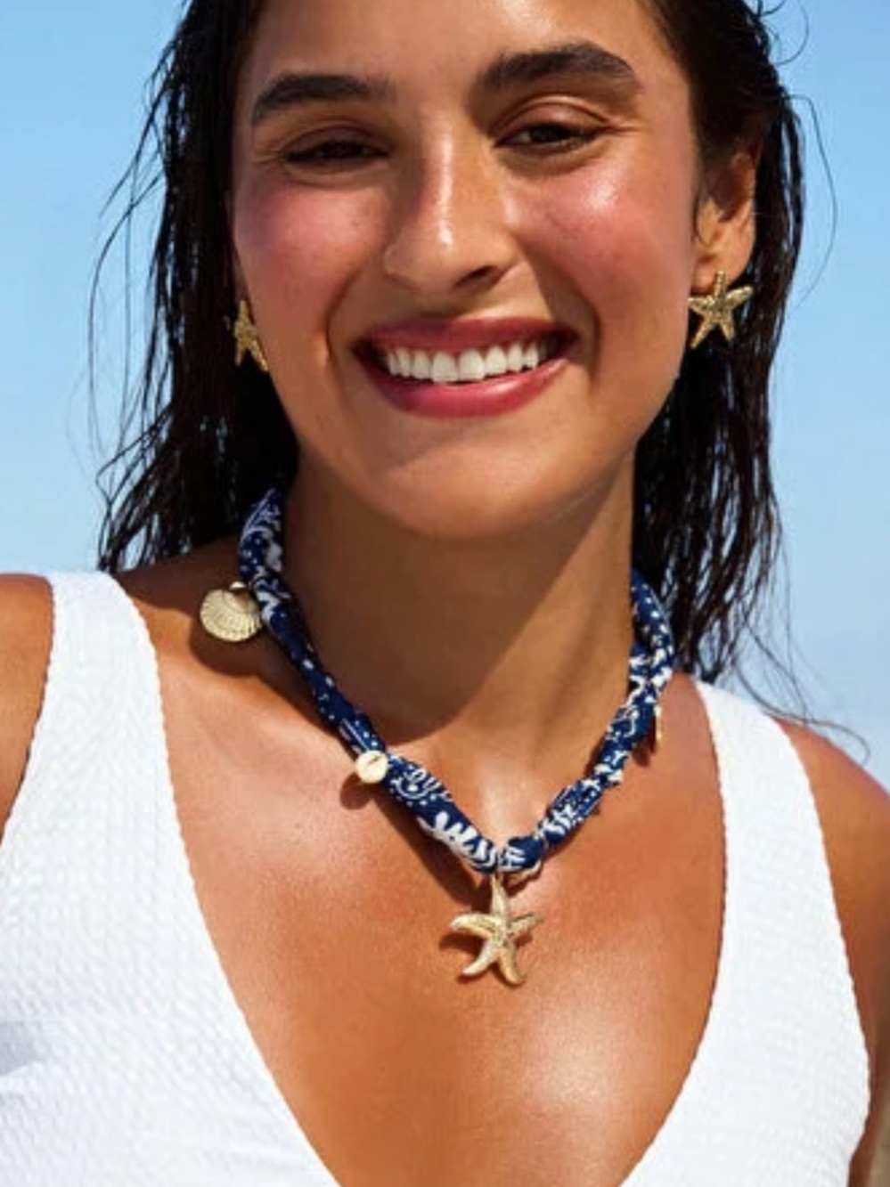 Mavi Gold Starfish Pendant Necklace with Blue Cord